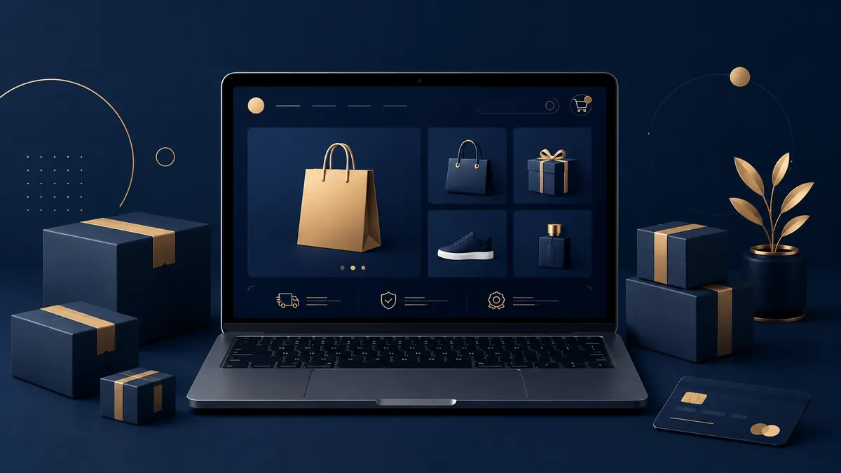 Illustration of an online store with parcels and payment card, representing e-commerce operations in Hong Kong