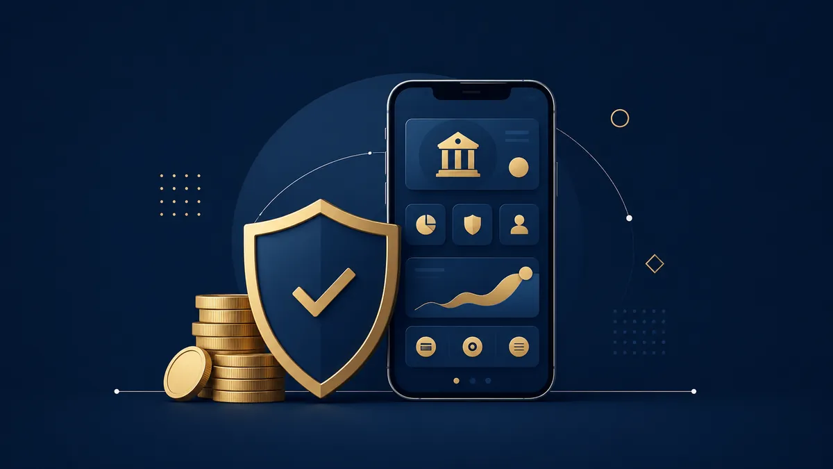 Illustration of a shield over deposits beside a banking app, representing deposit protection at Hong Kong virtual banks