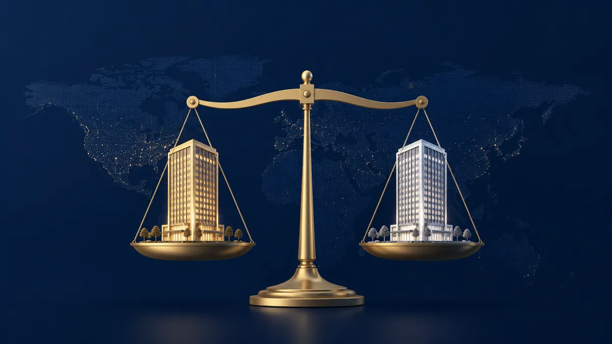 Illustration of two cities on a balance scale, comparing Hong Kong and Singapore tax systems