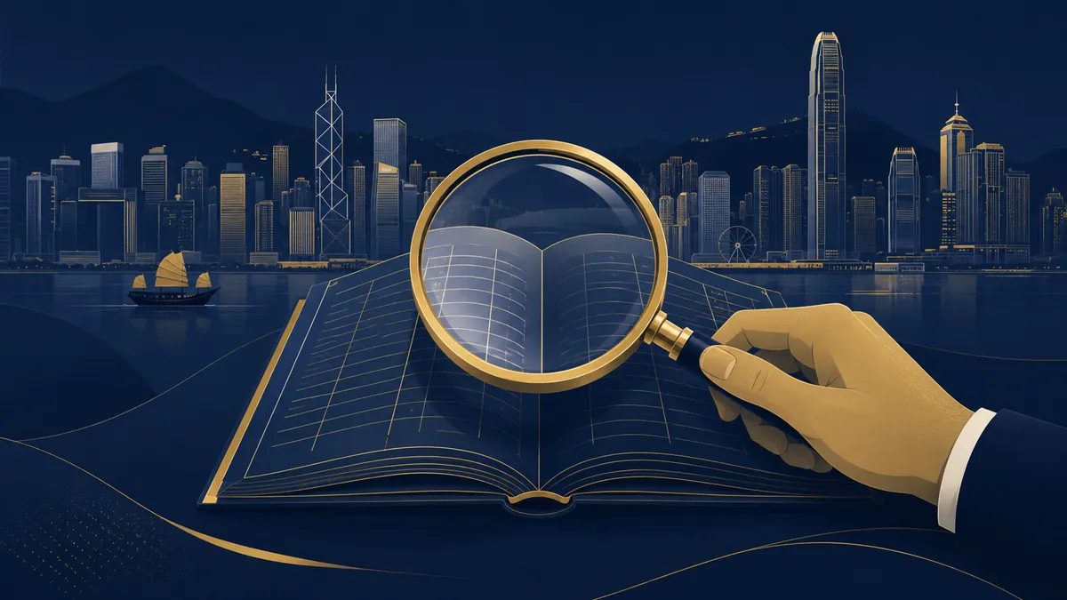 Illustration of a magnifying glass examining a ledger, representing scrutiny of Hong Kong's tax haven status